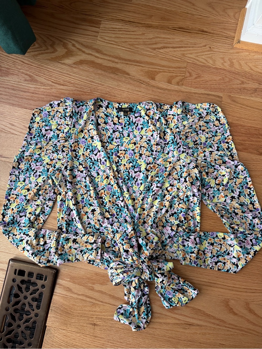 AFRM Floral Wrap Tie Front Ruched Sleeve Top Size Small